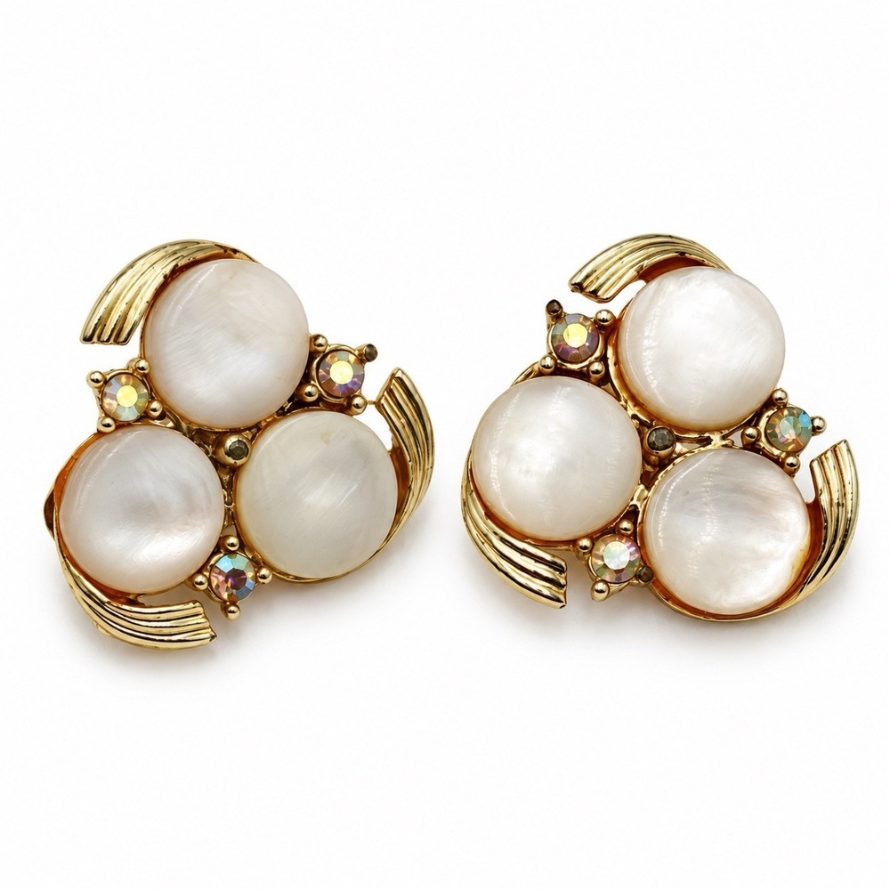 Vintage Judy Lee Faux Mother of Pearl AB Rhinestone Clip On Earrings Gold Tone